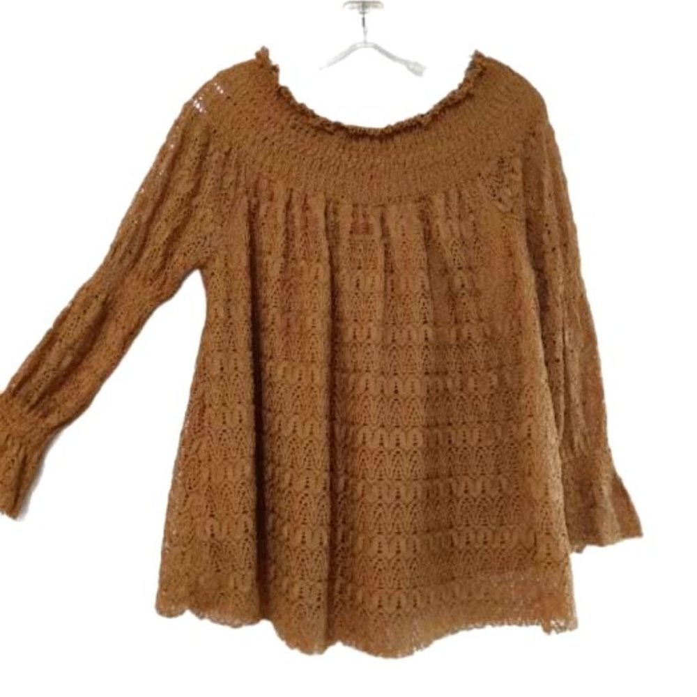 She + Sky Size Small Harvest Orange Smocked  Off Shoulder Neckline Top